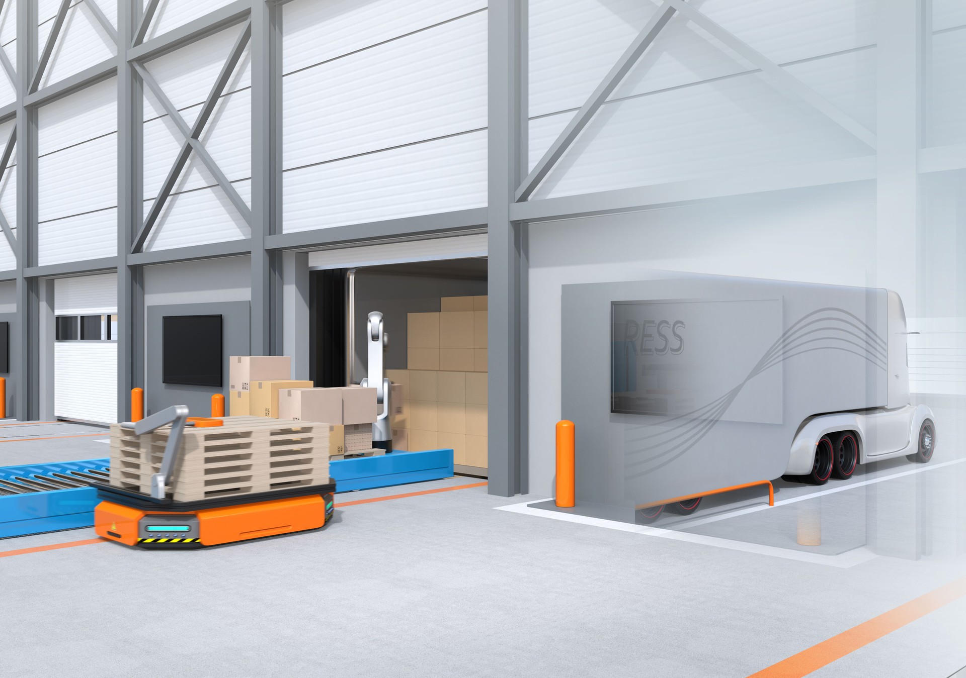 Industrieroboter entladen Pakete von Sattelschlepper, automatische geführte Fahrzeug, Satz von Paletten, die Roboterposition